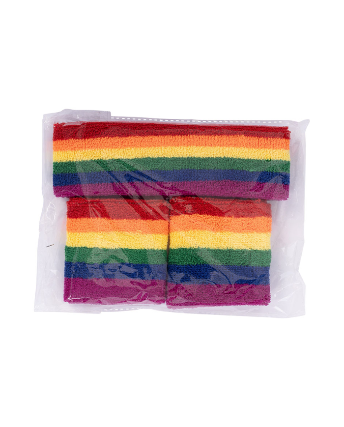 Ensemble de fitness arc-en-ciel (bandeau et poignets) en tissu dans un sachet avec étiquette ferme-sachet
