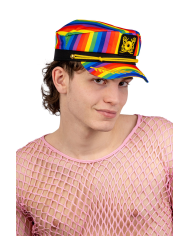 Kapitänsmütze regenbogenfarben aus Stoff mit Pappschild/Etikett
