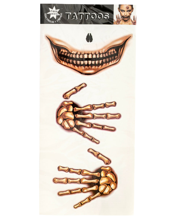 Hands and skeleton tattoos in bag on card