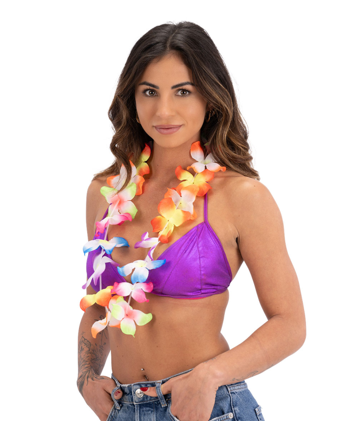 Collier Hawaï multi-couleurs avec étiquette cartonnée pliée