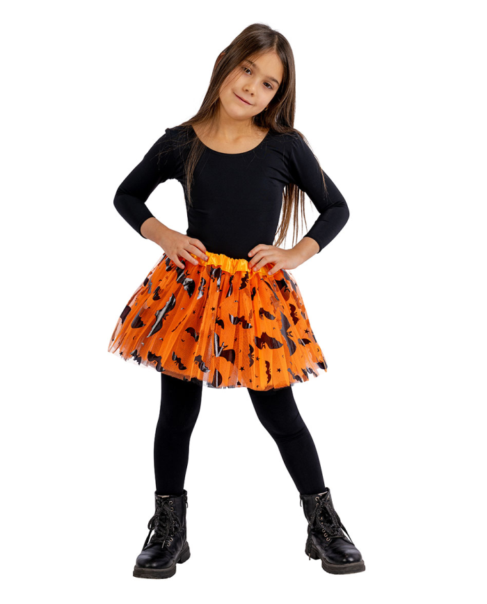 Ballettrock für Mädchen orange mit Fledermaus-Aufdruck L. ca. 30 cm Einheitsgröße in Beutel mit Aufhänger