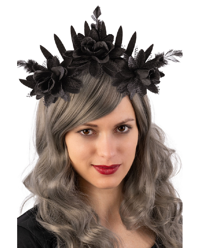 Headband w/black floral decorations on card