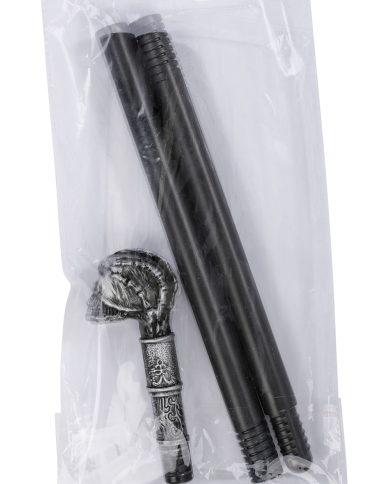 Bastón desmontable con pomo calavera de unos 85 cm de longitud en bolsa con etiqueta colgante/etiqueta adhesiva