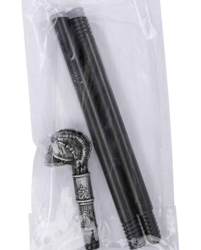 Zerlegbarer Stock mit Totenkopfknauf L. ca. 85 cm Pappschild/Etikett