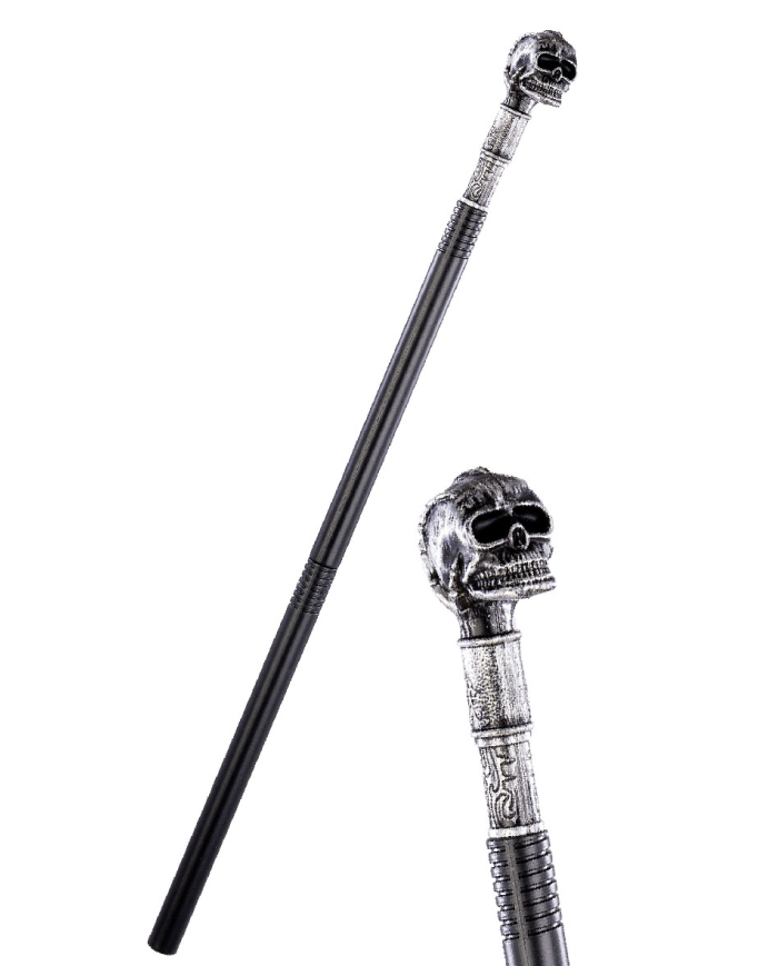 Zerlegbarer Stock mit Totenkopfknauf L. ca. 85 cm Pappschild/Etikett