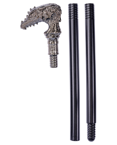 Bastón desmontable con pomo dragón de unos 85 cm de longitud en bolsa con etiqueta colgante/etiqueta adhesiva