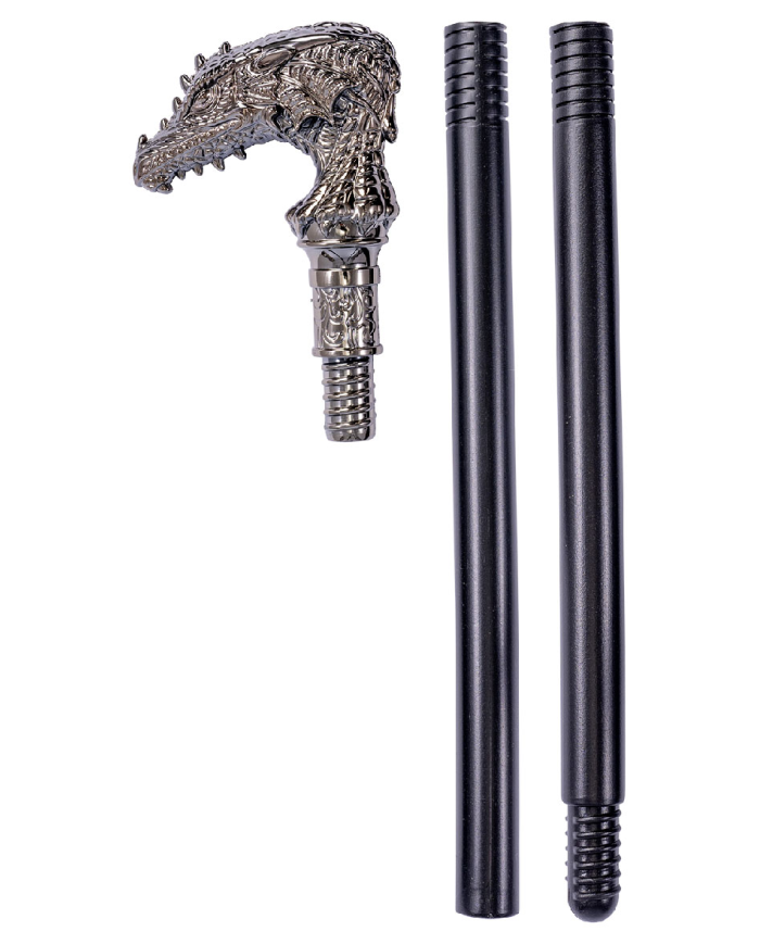 Bastón desmontable con pomo dragón de unos 85 cm de longitud en bolsa con etiqueta colgante/etiqueta adhesiva