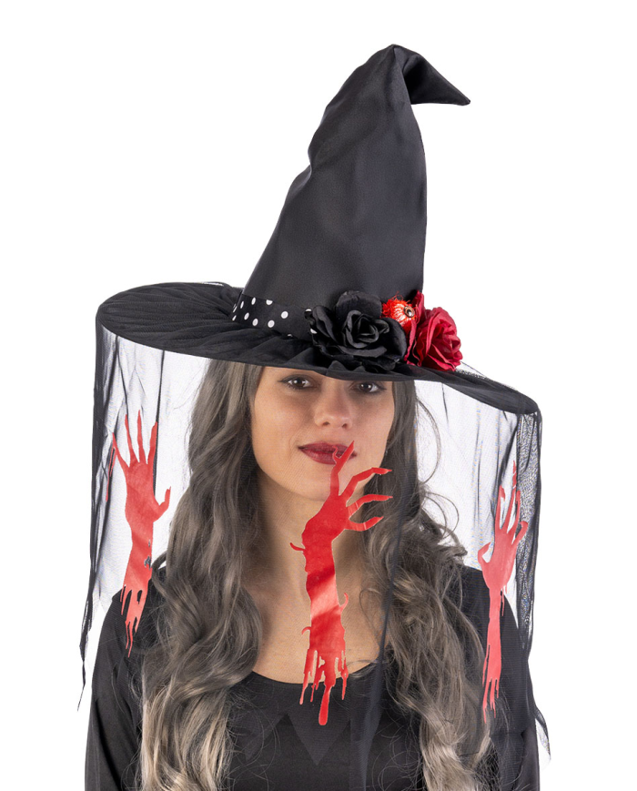 Fabric witch hat h.35 cm w/decorated veil w/header