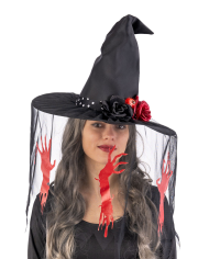 Cappello strega in tessuto h. 35 cm. ca con veletta con stampe e decorazioni con cavallotto