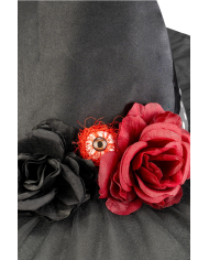 Cappello strega in tessuto h. 35 cm. ca con veletta con stampe e decorazioni con cavallotto