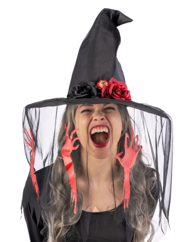 Fabric witch hat h.35 cm w/decorated veil w/header