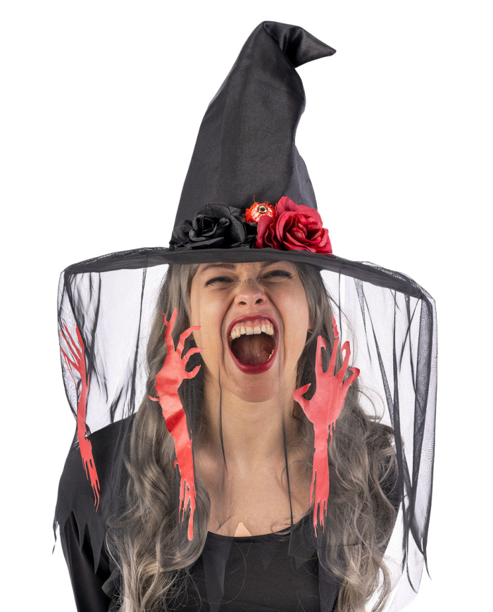 Fabric witch hat h.35 cm w/decorated veil w/header