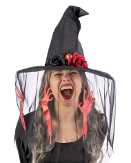 Cappello strega in tessuto h. 35 cm. ca con veletta con stampe e decorazioni con cavallotto