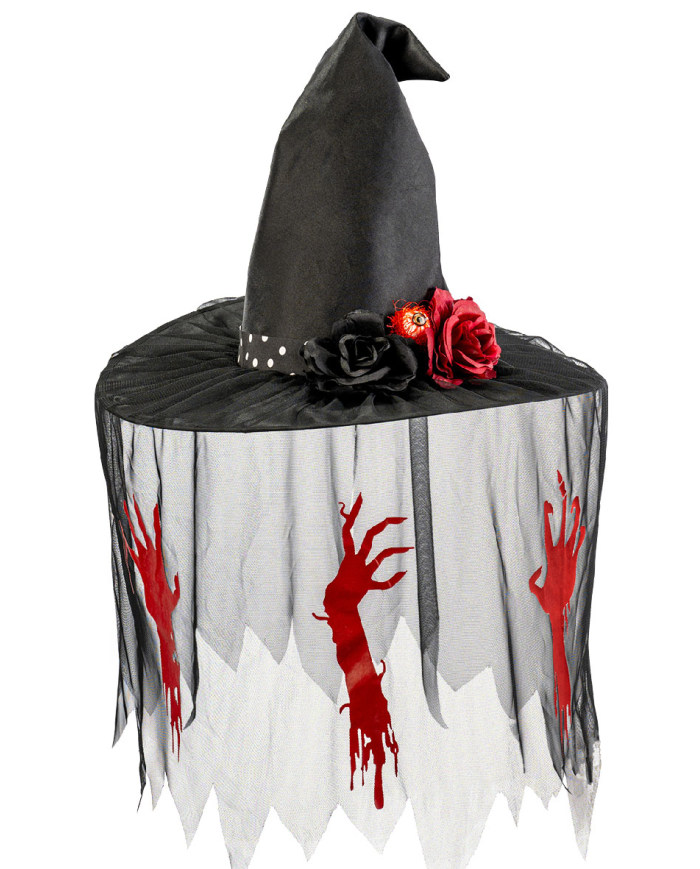 Cappello strega in tessuto h. 35 cm. ca con veletta con stampe e decorazioni con cavallotto