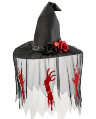 Cappello strega in tessuto h. 35 cm. ca con veletta con stampe e decorazioni con cavallotto