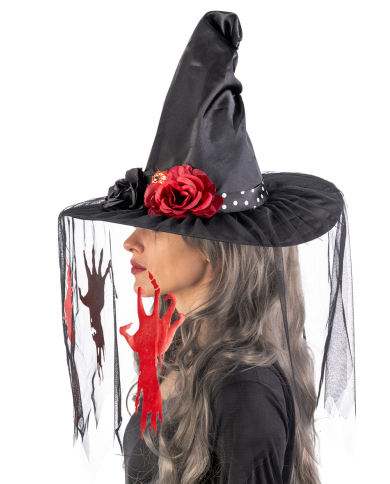 Chapeau de sorcière en tissu h. env. 35 cm avec voilette, imprimés et décorations avec étiquette cartonnée pliée