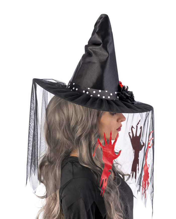 Sombrero de bruja de tela de unos 35 cm de altura con velo y estampados y adornos con solapa de cartón