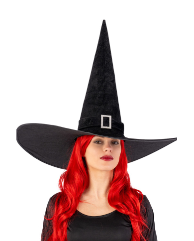 Chapeau de sorcière géant en velours noir avec boucle h. 50 cm x diam. 65 cm env. avec étiquette cartonnée pliée