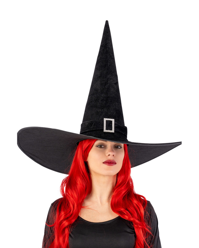 Chapeau de sorcière géant en velours noir avec boucle h. 50 cm x diam. 65 cm env. avec étiquette cartonnée pliée