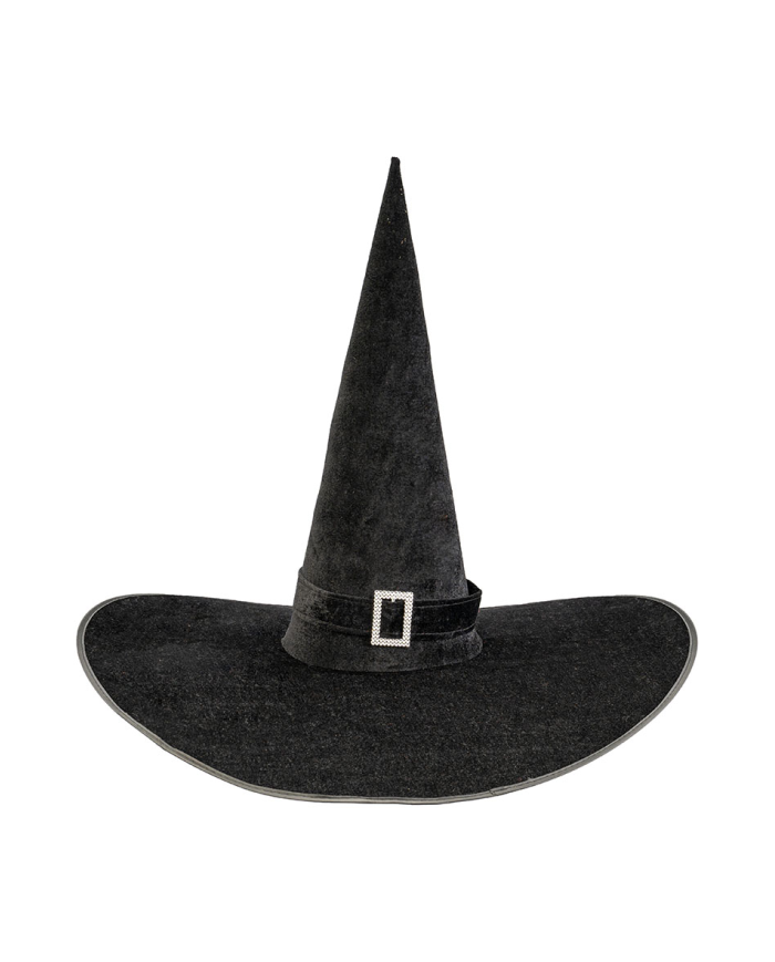 Chapeau de sorcière géant en velours noir avec boucle h. 50 cm x diam. 65 cm env. avec étiquette cartonnée pliée