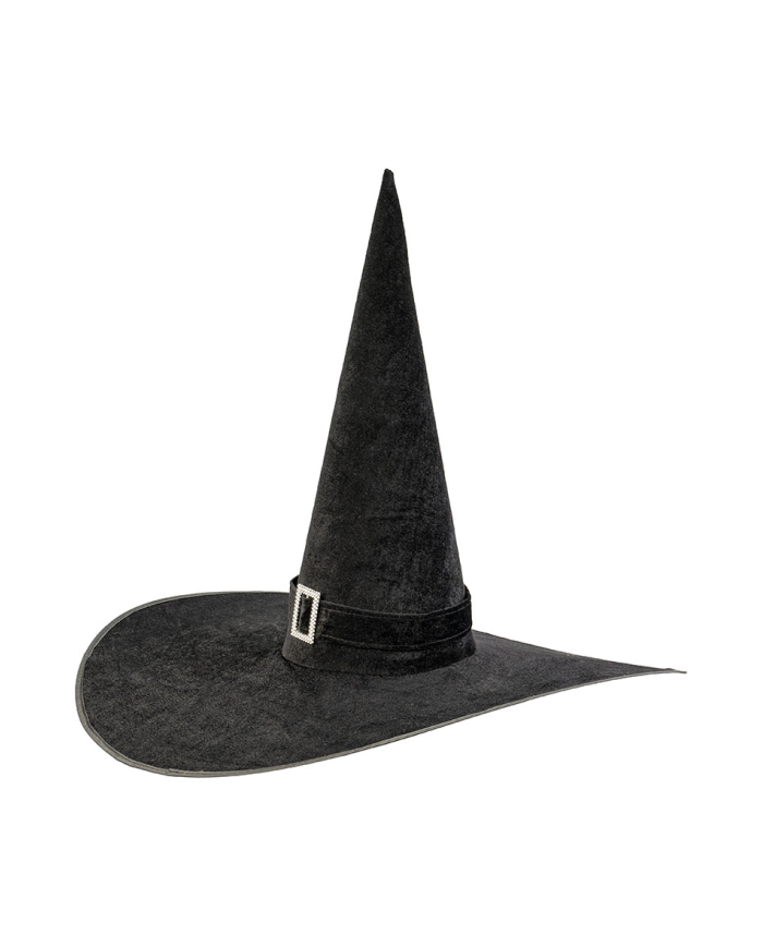 Chapeau de sorcière géant en velours noir avec boucle h. 50 cm x diam. 65 cm env. avec étiquette cartonnée pliée