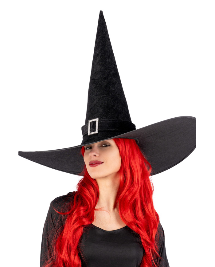 Sombrero de bruja gigante de terciopelo negro con hebilla de unos 50 cm de altura x 65 cm de diámetro con solapa de cartón