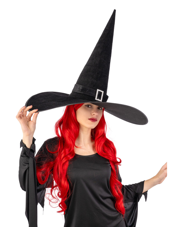 Sombrero de bruja gigante de terciopelo negro con hebilla de unos 50 cm de altura x 65 cm de diámetro con solapa de cartón