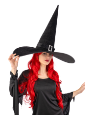 Sombrero de bruja gigante de terciopelo negro con hebilla de unos 50 cm de altura x 65 cm de diámetro con solapa de cartón