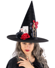 Sombrero de bruja de terciopelo con esqueleto, cartas y flores de unos 37 cm con solapa de cartón