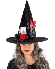 Sombrero de bruja de terciopelo con esqueleto, cartas y flores de unos 37 cm con solapa de cartón
