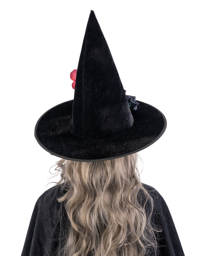 Chapeau de sorcière en velours avec squelette, cartes et fleurs h. env. 37 cm. avec étiquette cartonnée pliée