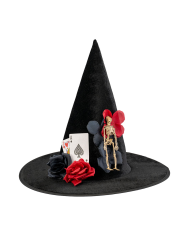 Cappello strega in velluto con scheletro, carte e fiori h.cm.37 ca. con cavallotto
