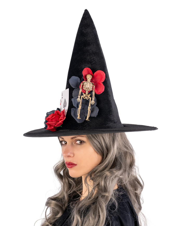 Sombrero de bruja de terciopelo con esqueleto, cartas y flores de unos 37 cm con solapa de cartón