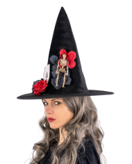 Cappello strega in velluto con scheletro, carte e fiori h.cm.37 ca. con cavallotto