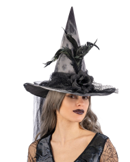 Chapeau de sorcière en tissu avec fleurs, plumes, voile avec étiquette volante / étiquette