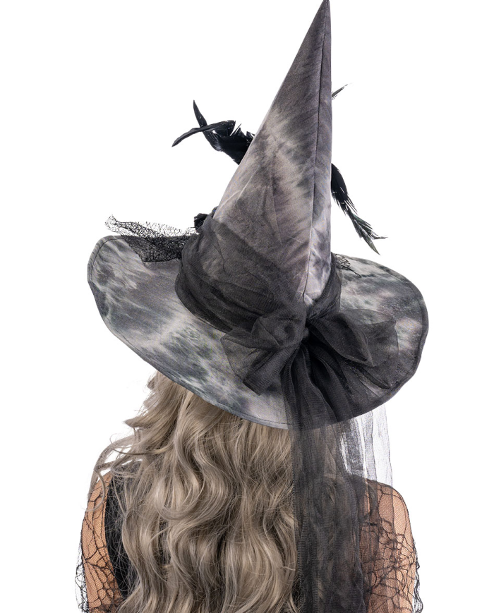 Fabric witch hat with flowers, feathers, veil with hangtag/label