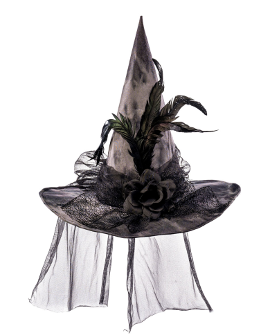 Fabric witch hat with flowers, feathers, veil with hangtag/label