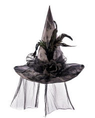 Fabric witch hat with flowers, feathers, veil with hangtag/label