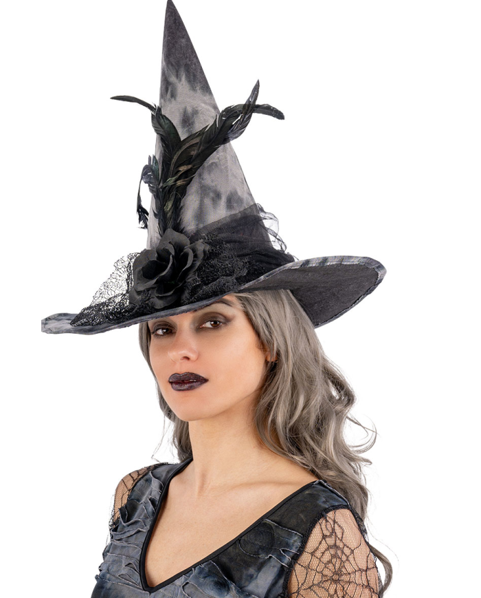 Sombrero de bruja de tela con flores, plumas, velo con etiqueta colgante/etiqueta adhesiva