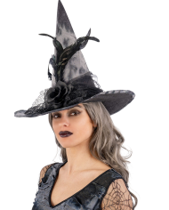 Chapeau de sorcière en tissu avec fleurs, plumes, voile avec étiquette volante / étiquette