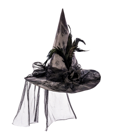 Fabric witch hat with flowers, feathers, veil with hangtag/label