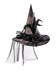Chapeau de sorcière en tissu avec fleurs, plumes, voile avec étiquette volante / étiquette