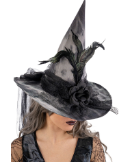 Sombrero de bruja de tela con flores, plumas, velo con etiqueta colgante/etiqueta adhesiva