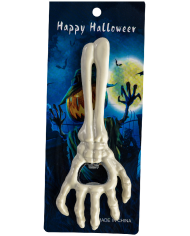 Skeleton hand bottle opener in bag on card
