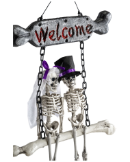 Décoration squelettes sur balançoire à suspendre h. 60 cm x l. 40 cm env. avec étiquette volante / étiquette