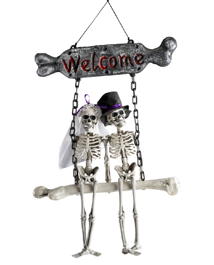 Dekoration Skelette auf Schaukel zum Aufhängen H. ca. 60 cm x L. ca. 40 cm mit Pappschild/Etikett