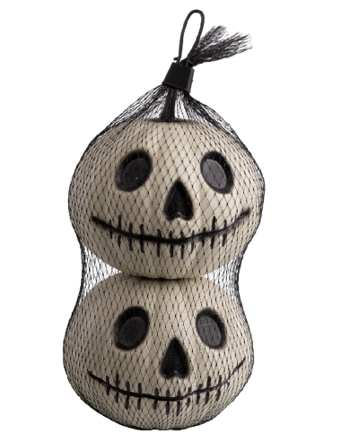2 calaveras nbxmas de unos 10 cm de altura en bolsa de malla con etiqueta colgante/etiqueta adhesiva
