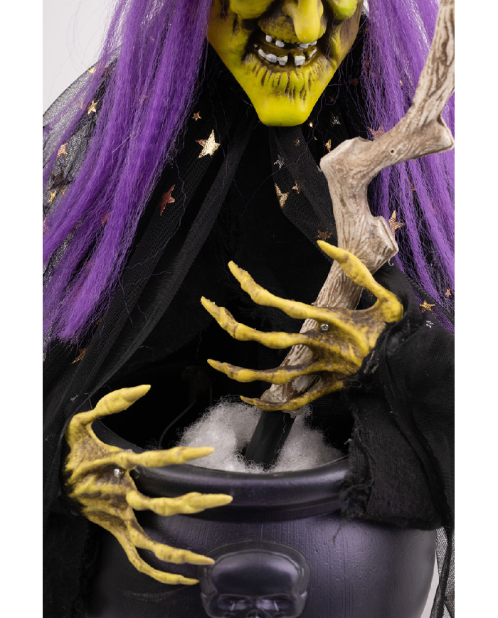 Hexe mit stehendem Kessel H. 60 cm mit Licht, Ton und Bewegung (Batterien nicht enthalten), mit Pappschild/Etikett