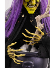 Hexe mit stehendem Kessel H. 60 cm mit Licht, Ton und Bewegung (Batterien nicht enthalten), mit Pappschild/Etikett