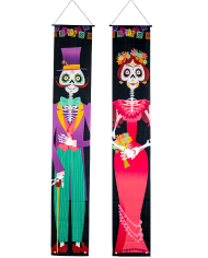 2 Banner aus Stoff mexikanische Totenköpfe H. 180 ca. cm x L. ca. 30 cm in Beutel mit Aufhänger